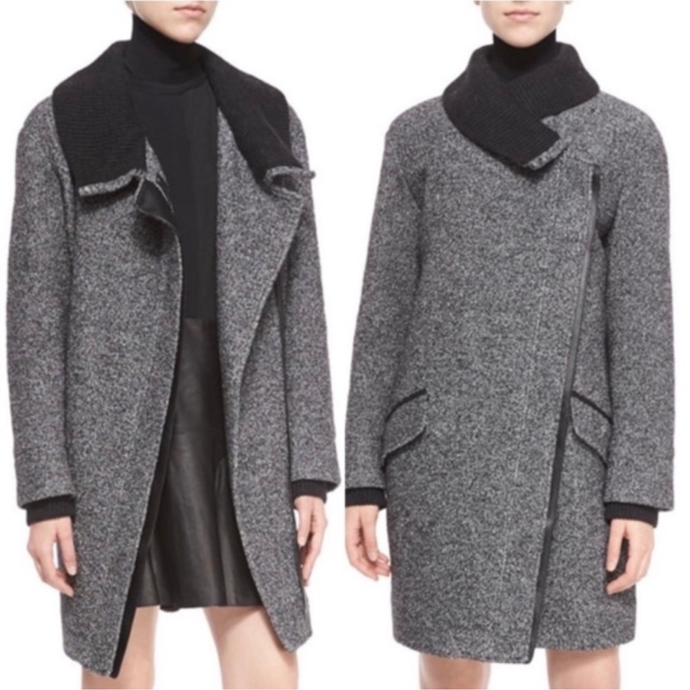 Vince Shawl Collar Asymmetrical Zip Wool Blend Lambskin‎ Trim Tweed Ines Coat XS